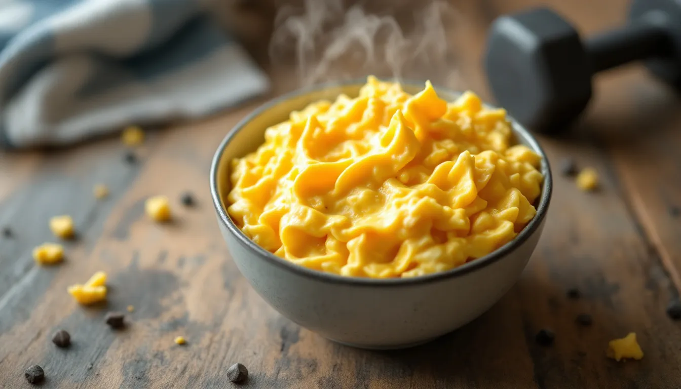 Représenatation de œufs brouillés au micro-ondes après musculation